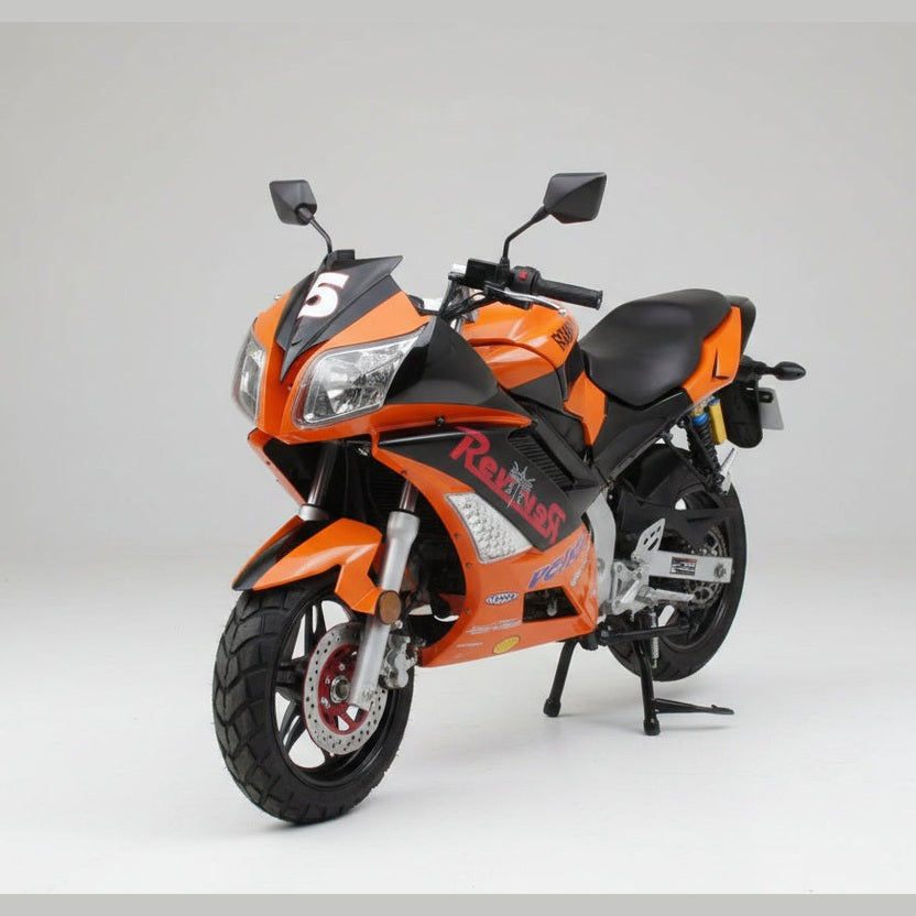 Orange and black Reviver 150cc sport motorcycle with yellow rear suspension