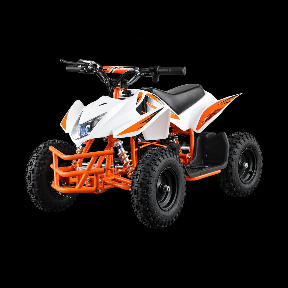 White and orange TITAN 350W kids mini quad with flame graphics