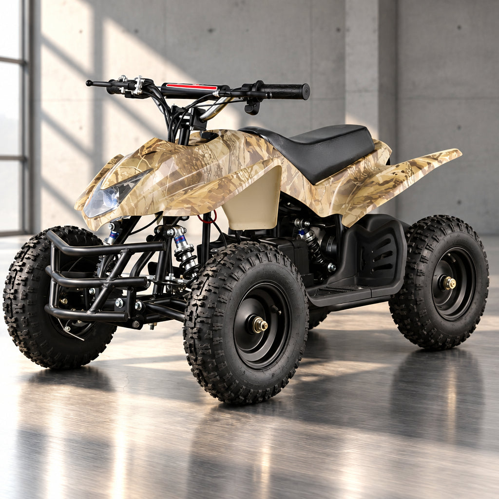 Camouflage kids electric ATV with knobby tires and black frame