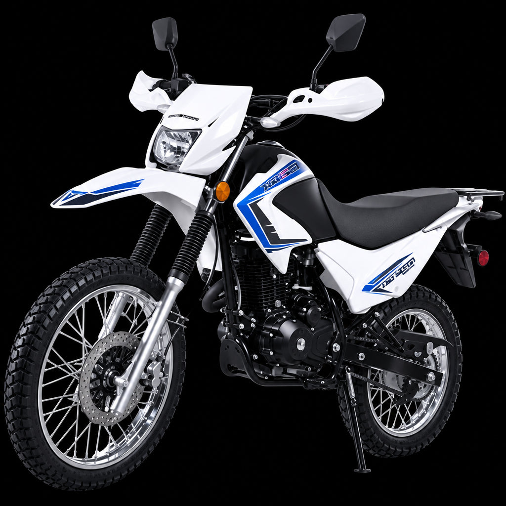 White and black Taotao TBR7 dual sport motorcycle with blue graphics