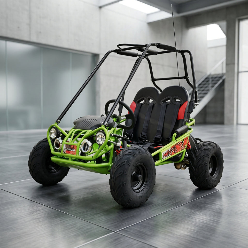 Bright green TrailMaster Mini XRX+ kids go-kart in front of garage