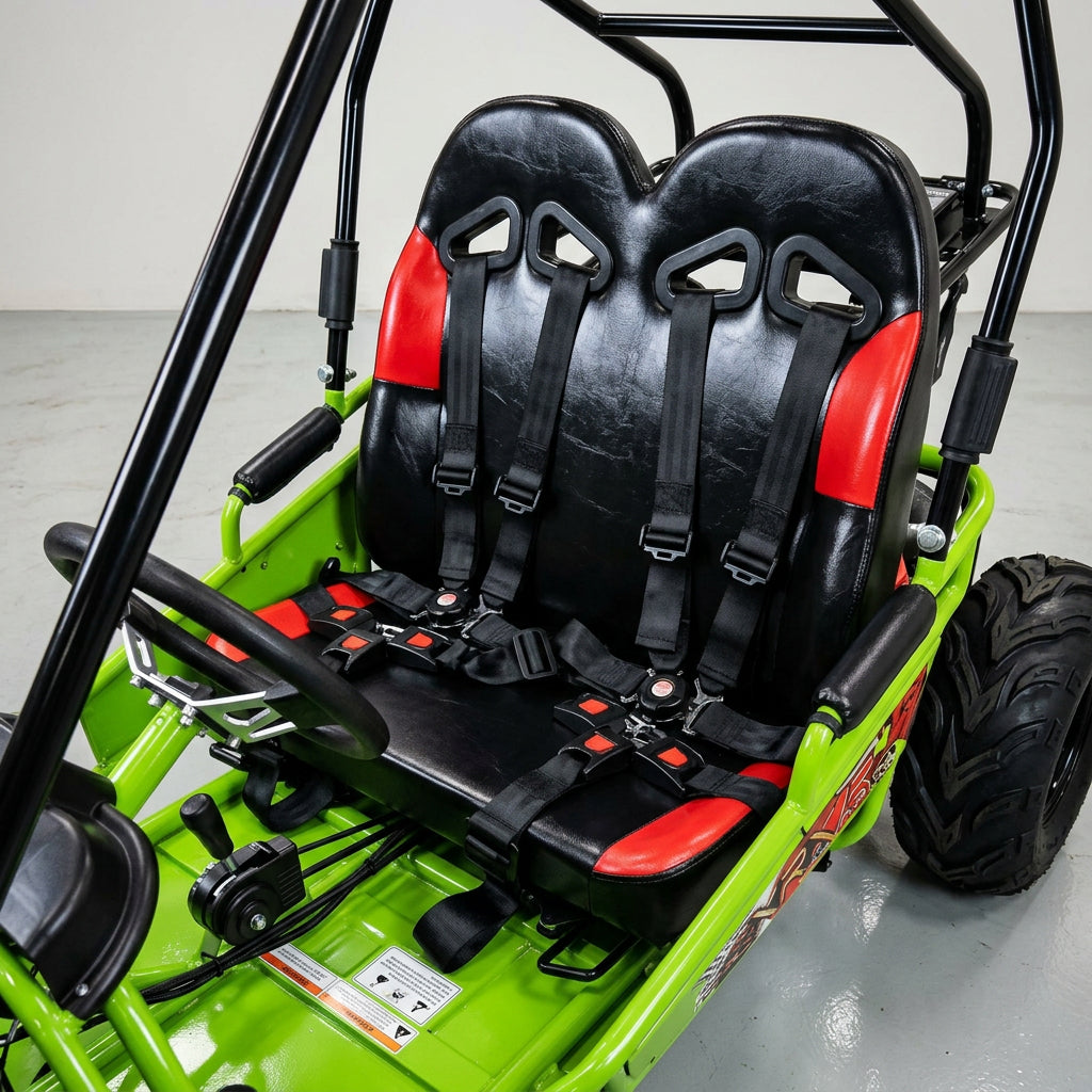 Close-up rear view green TrailMaster Mini XRX+ kids go-kart seats and harness