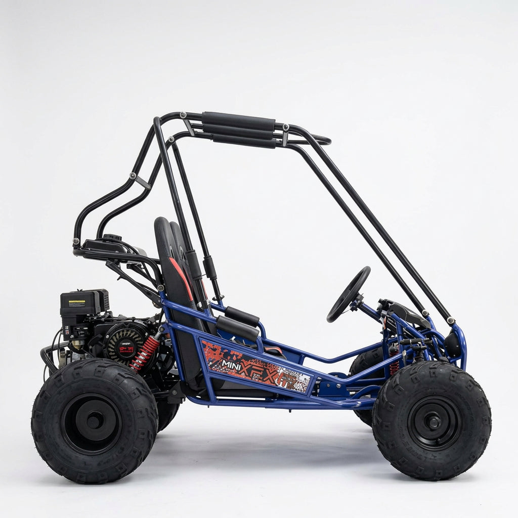 Blue TrailMaster Mini XRX+ kids go-kart side profile outdoor view