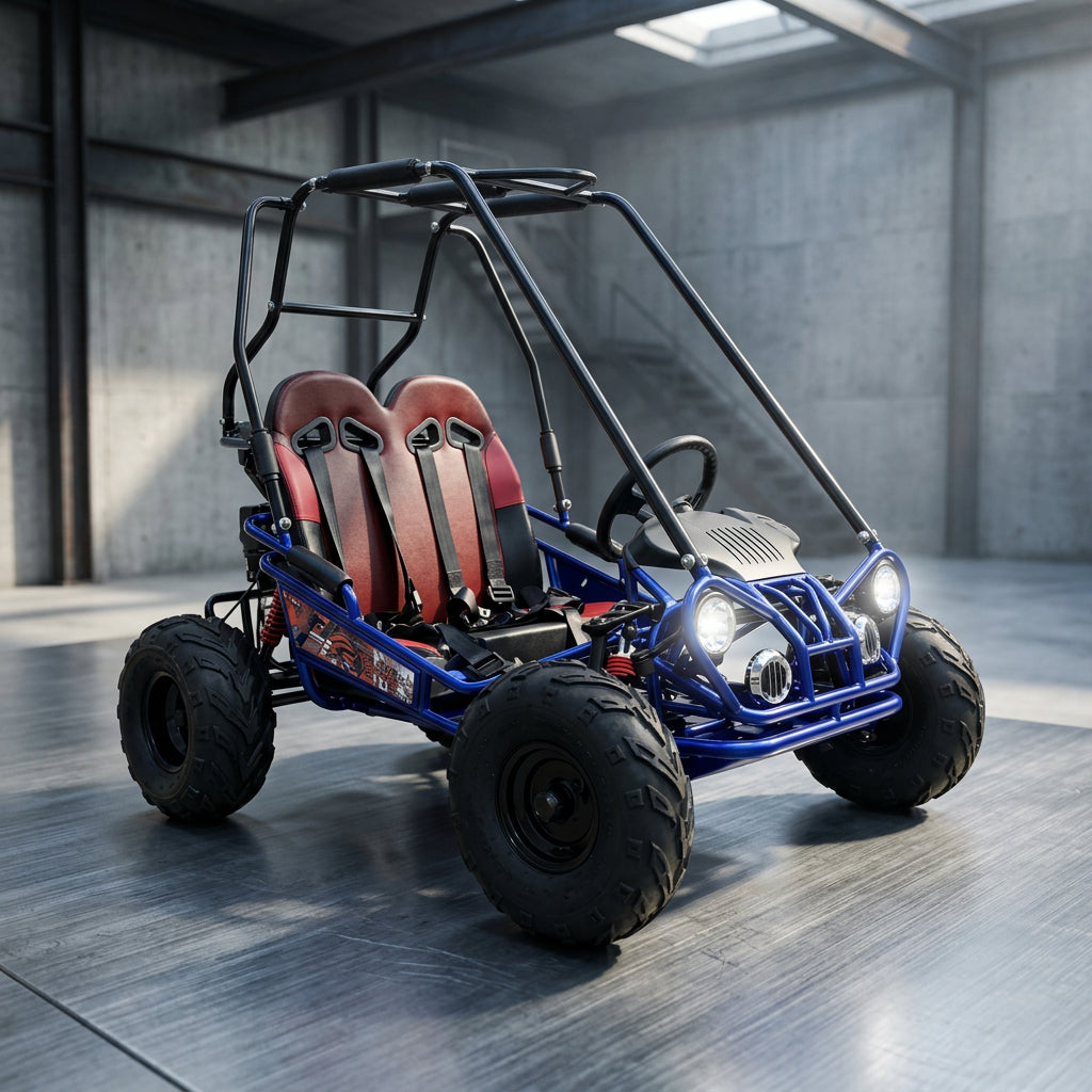 Three-quarter view blue TrailMaster Mini XRX+ kids go-kart with roll cage