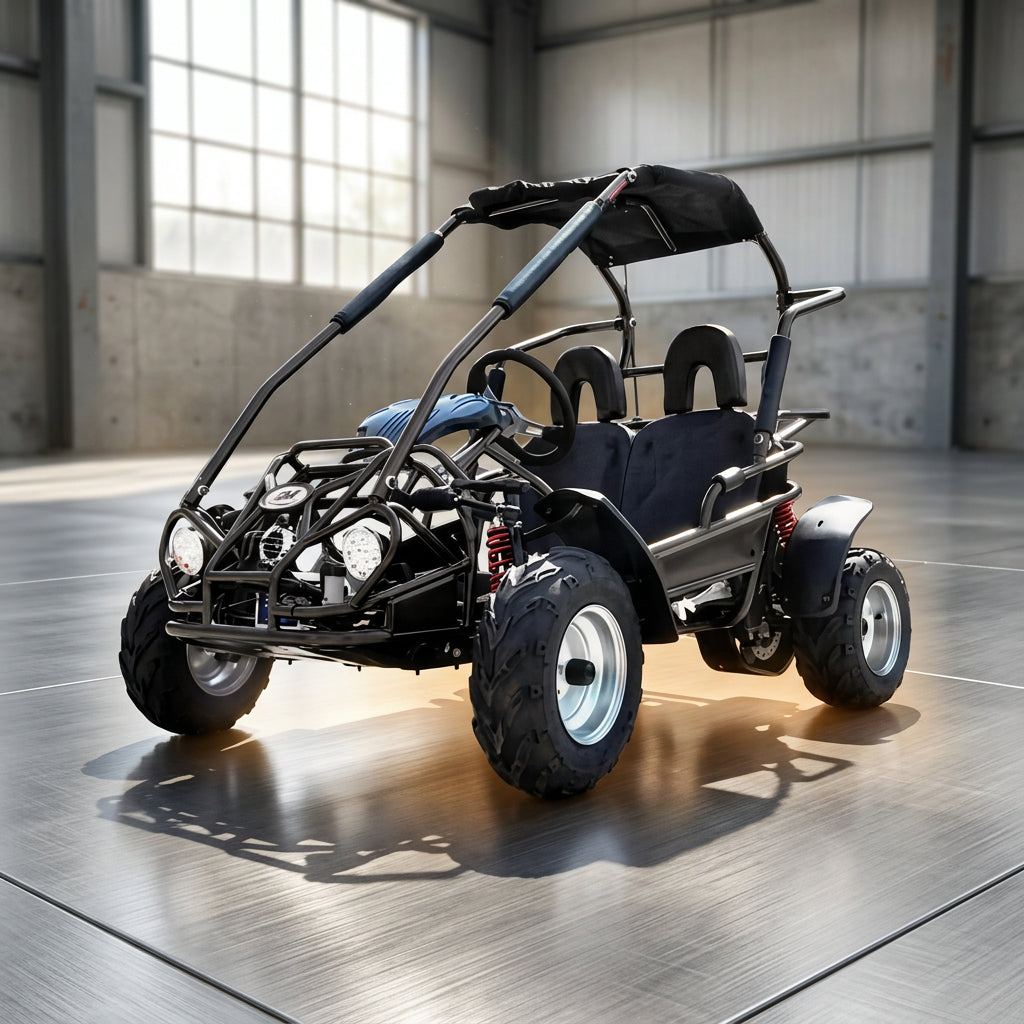 Black Trailmaster Mid XRX go kart with canopy and roll cage