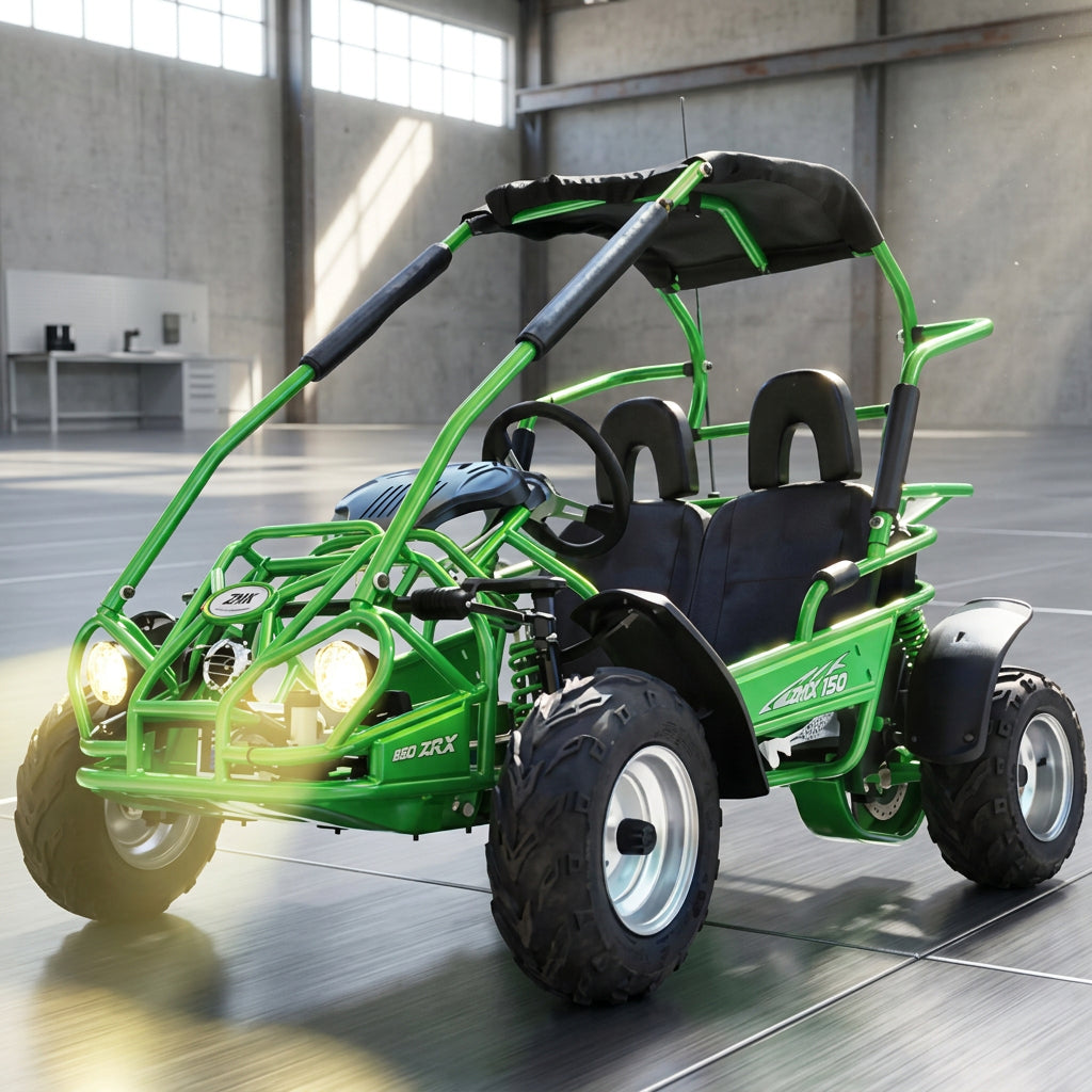 Green Trailmaster Mid XRX go kart with canopy and roll cage
