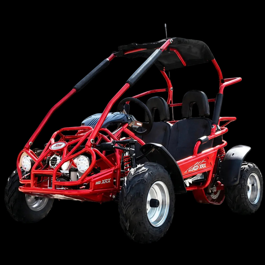 Red Trailmaster Mid XRX go kart with canopy and roll cage