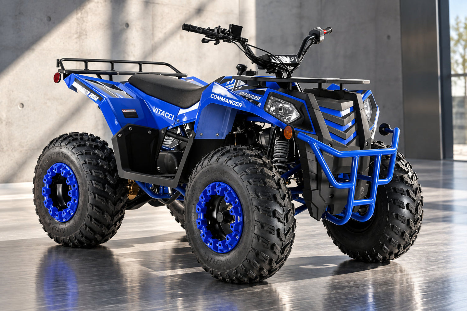 Blue and black Commander 200cc ATV with reverse