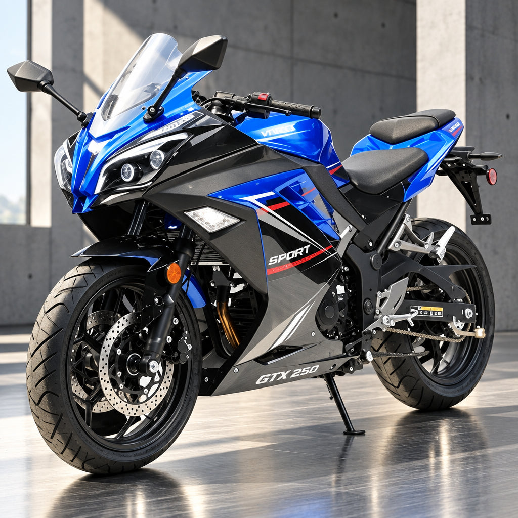 Blue and black Vitacci GTX 250 EFI sport bike against white background