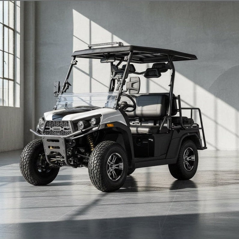 White and black ROVER EFI UTV front view with Vitacci badge, yellow shocks, and chrome wheels