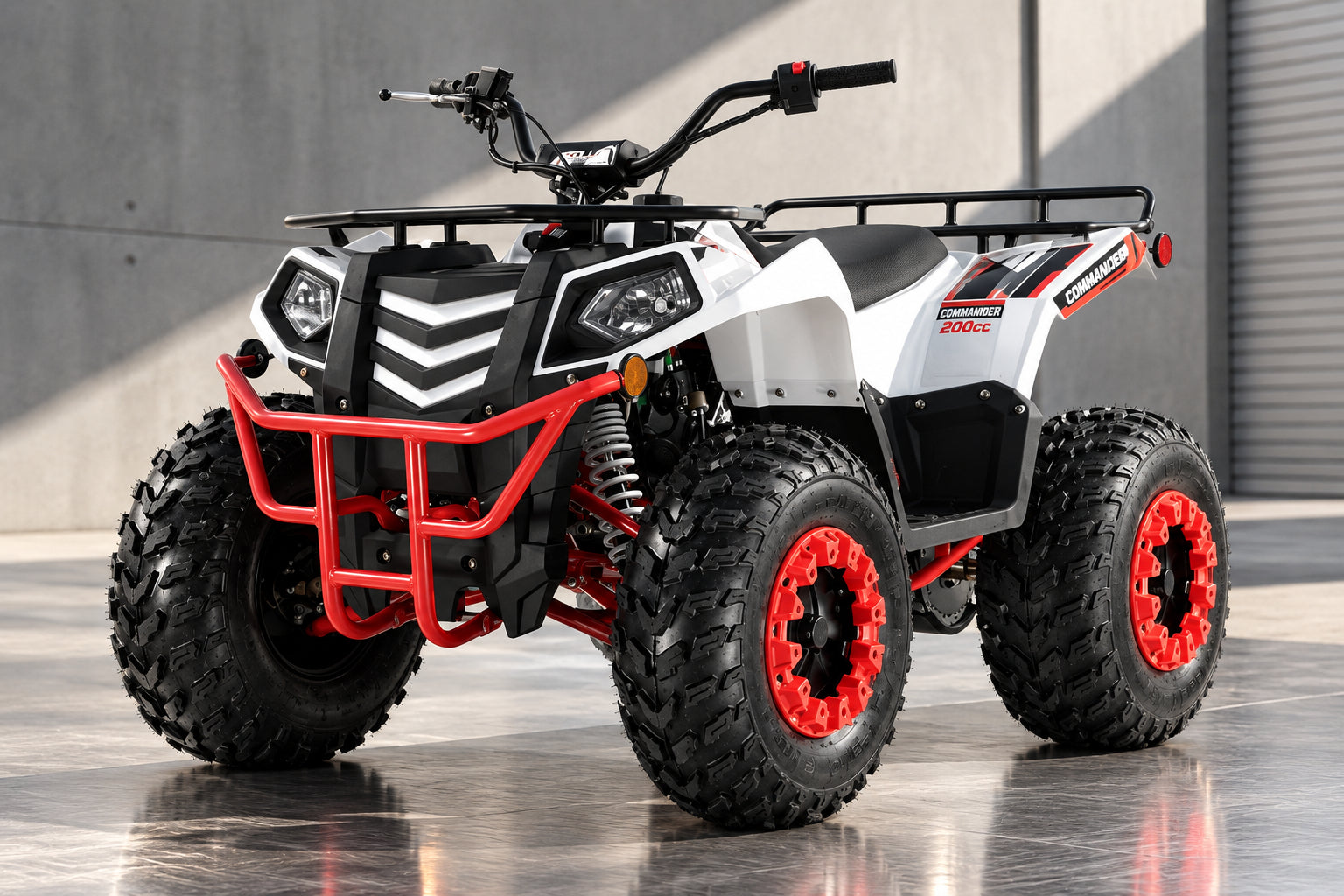 White and black Commander 200cc four wheel ATV with red bumper