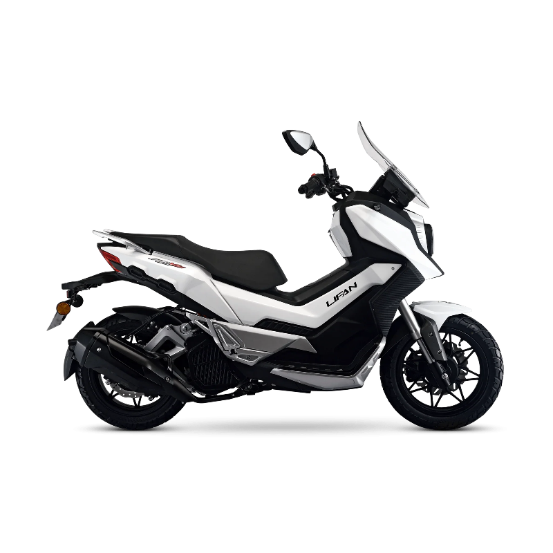 White and black Lifan KPV 150 ADV scooter side profile studio shot
