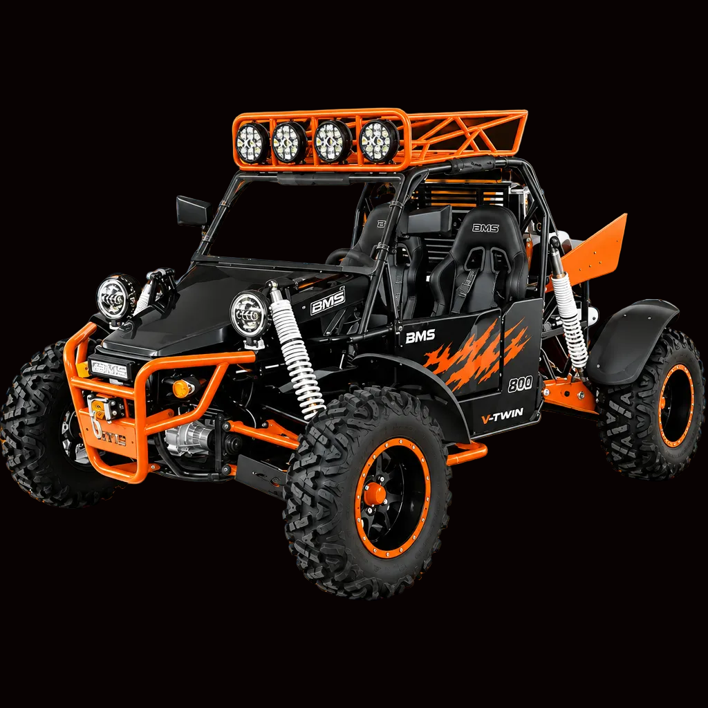 BMS SNIPER T1000 4x4 go kart in black with orange flame-style side graphics