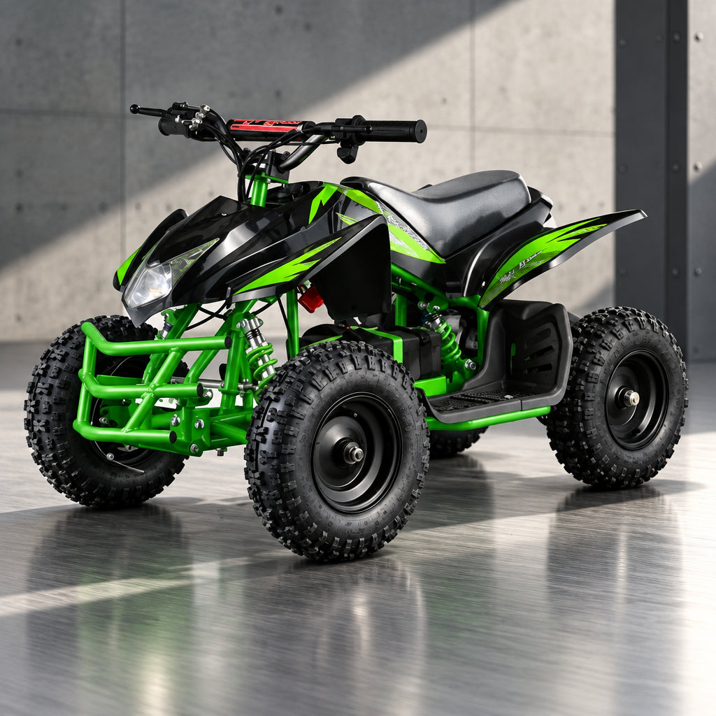 Black and lime green TITAN 350W electric ATV for kids