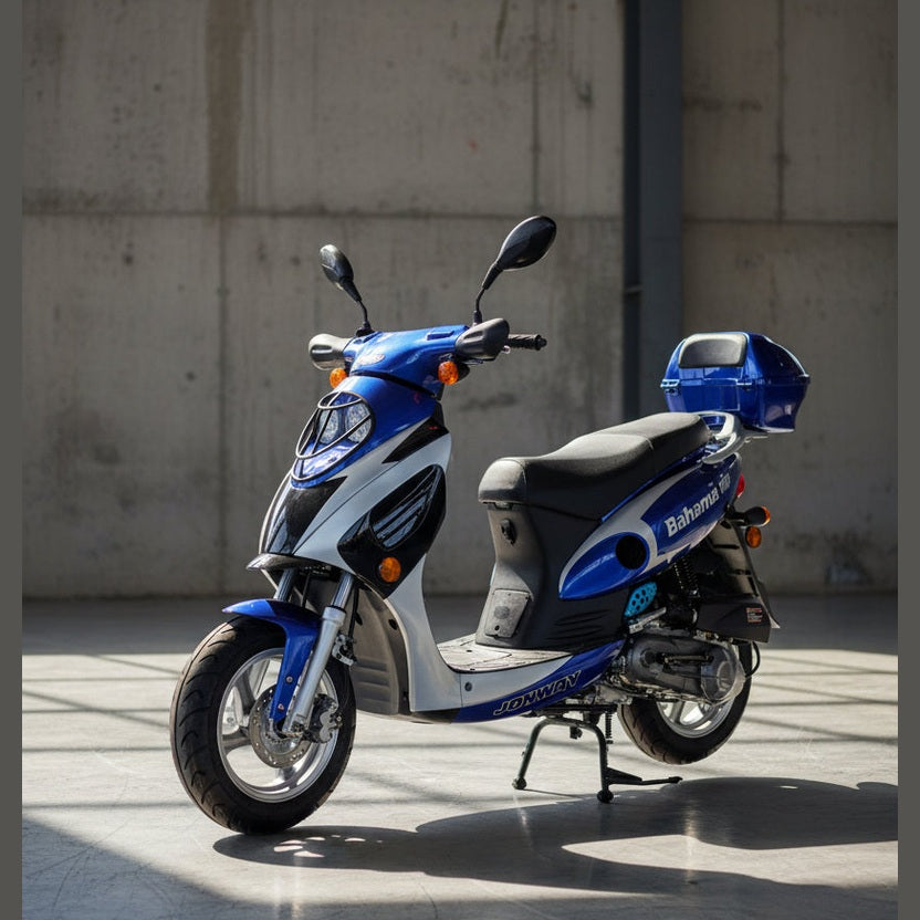 Blue, white, and black Bahama VIP 50cc scooter with blue storage