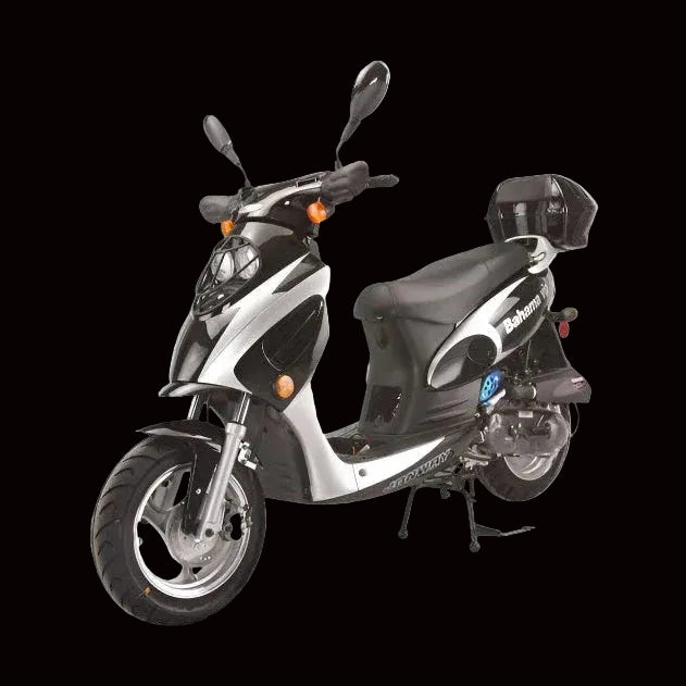 Black and silver BAHAMA 50CC scooter with rear storage box
