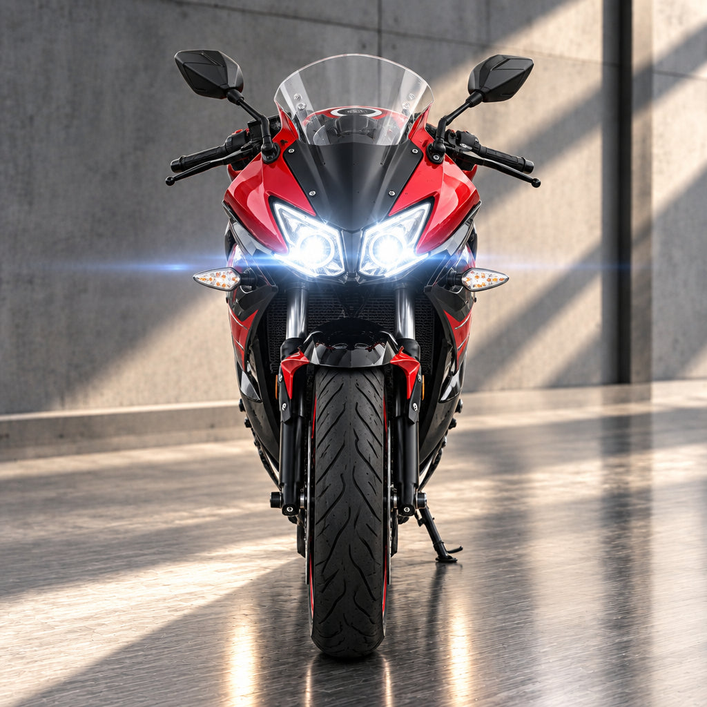  red and black Lifan KPR 200 with headlights on