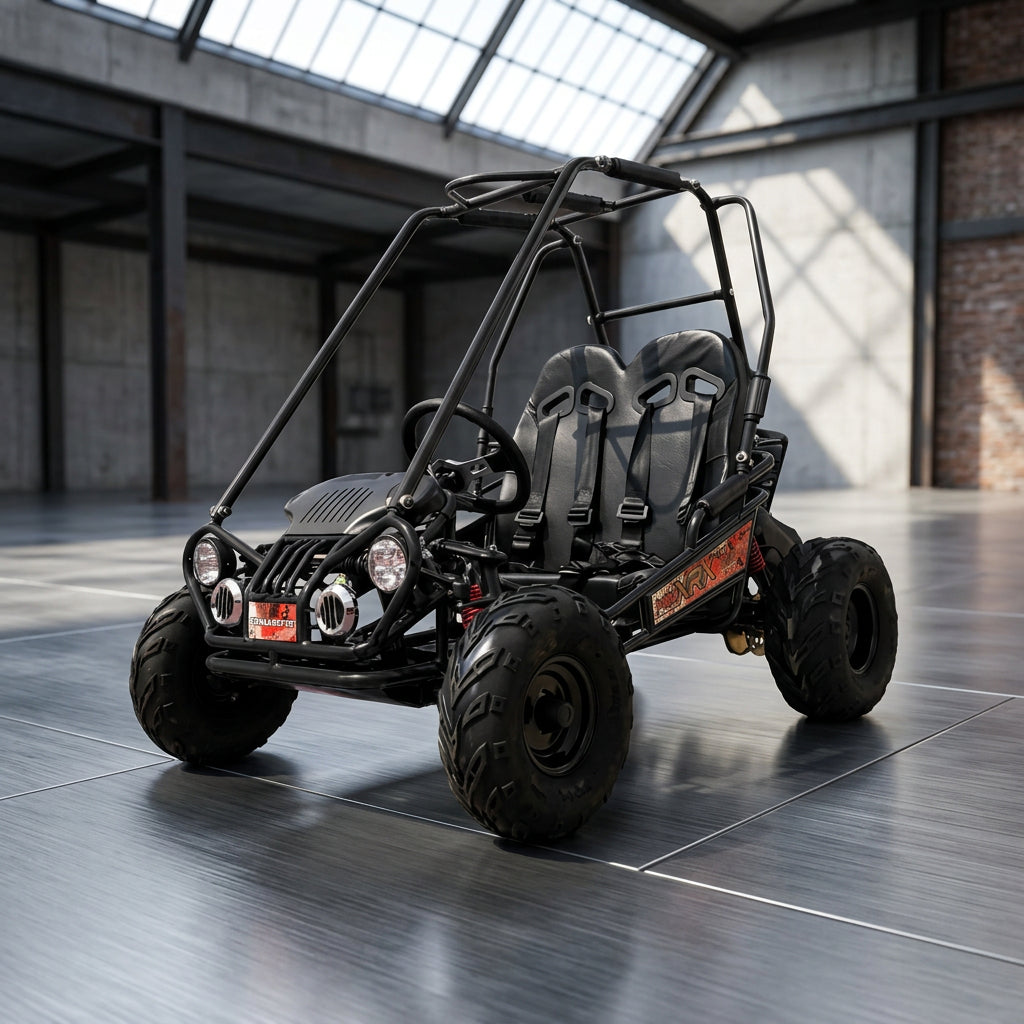 Black TrailMaster Mini XRX+ kids go-kart with dual seats and knobby tires