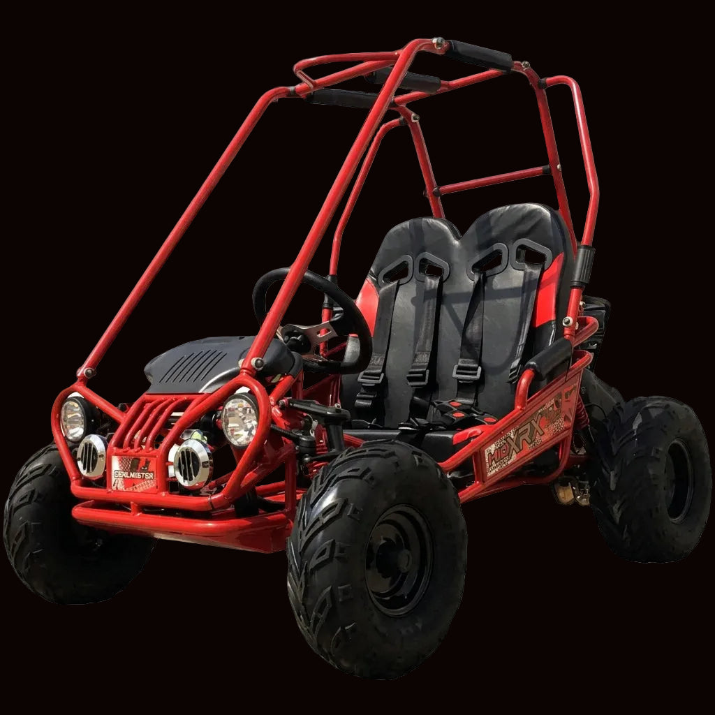 Red TrailMaster Mini XRX+ kids go-kart with dual seats and safety harnesses