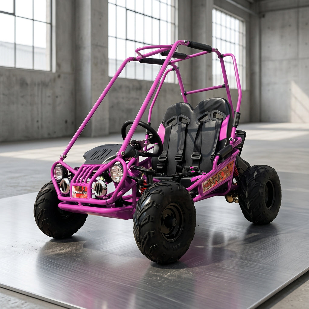 Pink TrailMaster Mini XRX+ kids go-kart with dual seats and safety harnesses