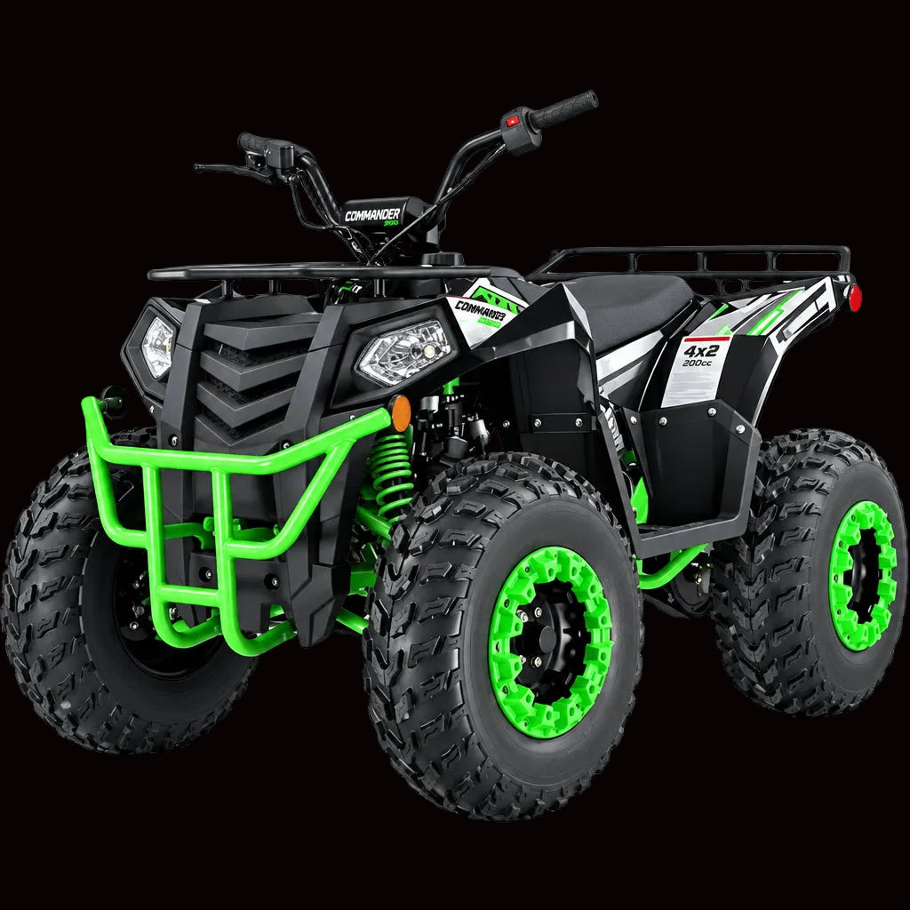 Black and green Commander 200cc ATV on trails